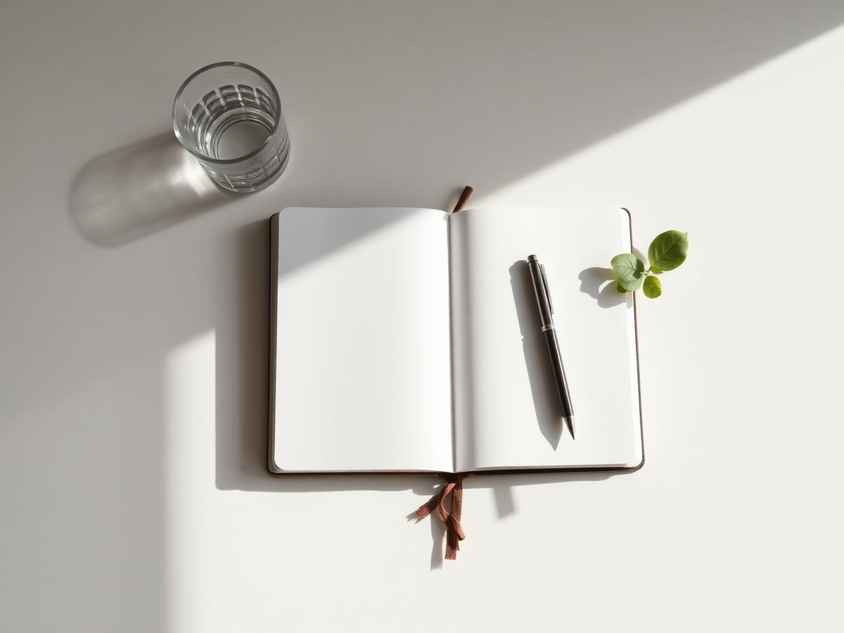 Ruhiger Beratungsplatz mit Notizbuch und Wasserglas